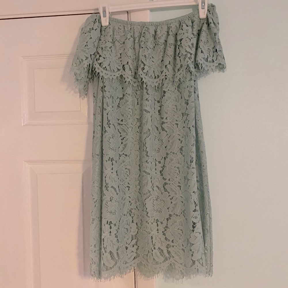 Powder blue lace strapless dress